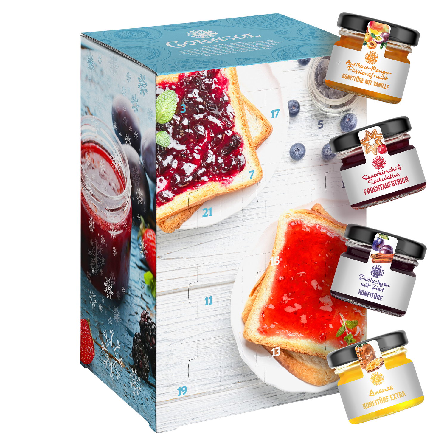 Premium Frühstück-Adventskalender mit Marmeladen & Konfitüren, Fruchtaufstriche im Glas
